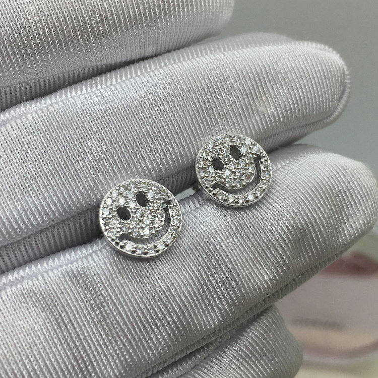 时尚笑脸emoji正能量925纯银镶嵌满钻耳钉女小耳饰品可爱礼物银饰