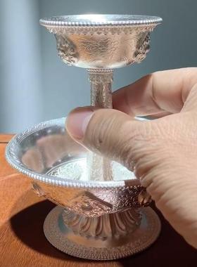 纯银999足银镀金护法杯藏式八吉祥雕花供茶供酒底盘可定纯金镀金