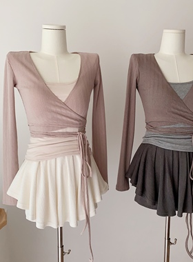 Wuuus【日常balletcore】自带胸垫背心 绑带长袖上衣女针织衫修身