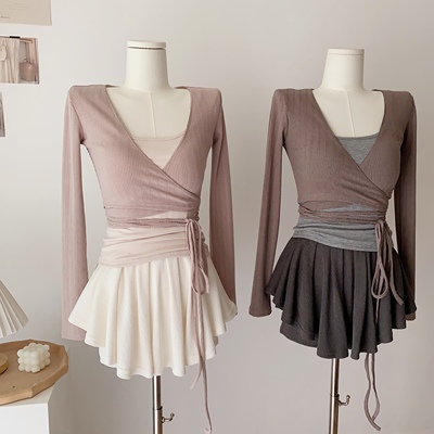 Wuuus【日常balletcore】自带胸垫背心 绑带长袖上衣女针织衫修身