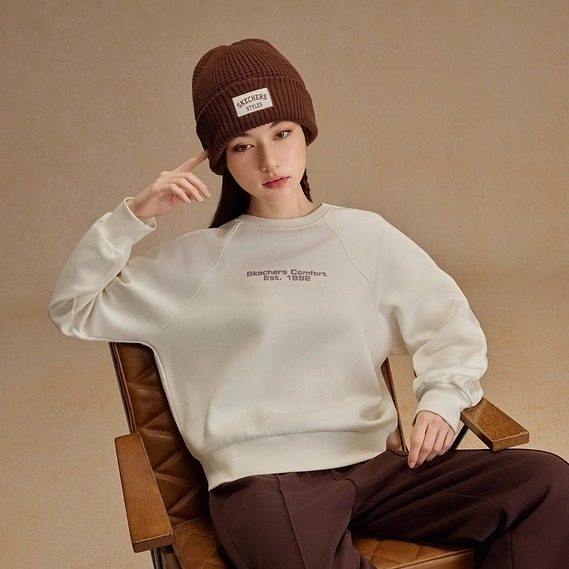 Skechers斯凯奇女士秋冬圆领宽松插肩袖休闲针织套头卫衣L325W048