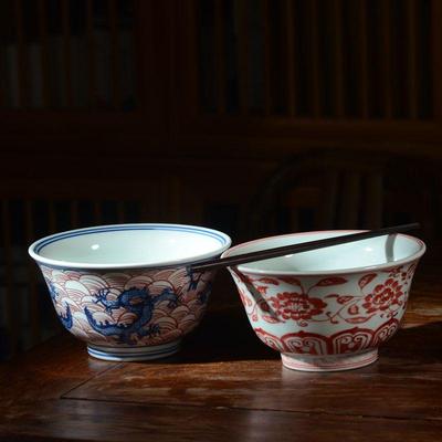 景德镇仿明永乐青花瓷高温釉下彩仿古大号面碗 矾红龙纹菜碗