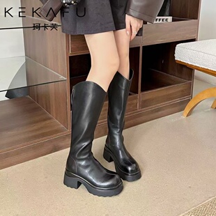 珂卡芙厚底增高骑士靴2025秋冬新款长筒靴百搭黑色长靴瘦腿时装靴