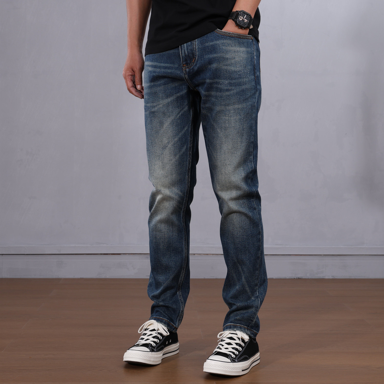 2025秋冬新品男款牛仔裤修身小直筒港风大牛高档14盎司微弹男裤子