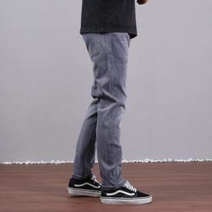 2024新款秋冬季潮流牛仔裤男款斜纹修身小直筒灰色弹力百搭休闲装
