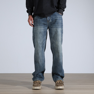 2025秋冬美式复古潮牌品质牛仔裤男款高街宽松蓝色阔腿弯刀长裤子