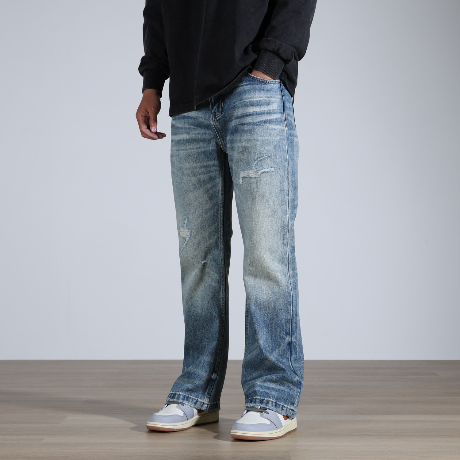 2026春季新款美式微喇破洞牛仔裤男装猫须宽松直筒阔腿休闲裤子