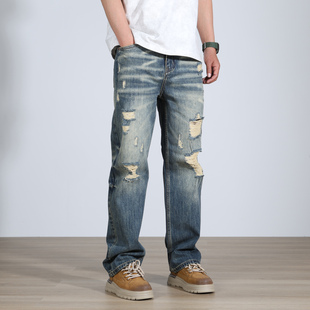 【宽松直筒】破洞牛仔裤男款美式复古宽松直筒潮流透气无弹长裤子