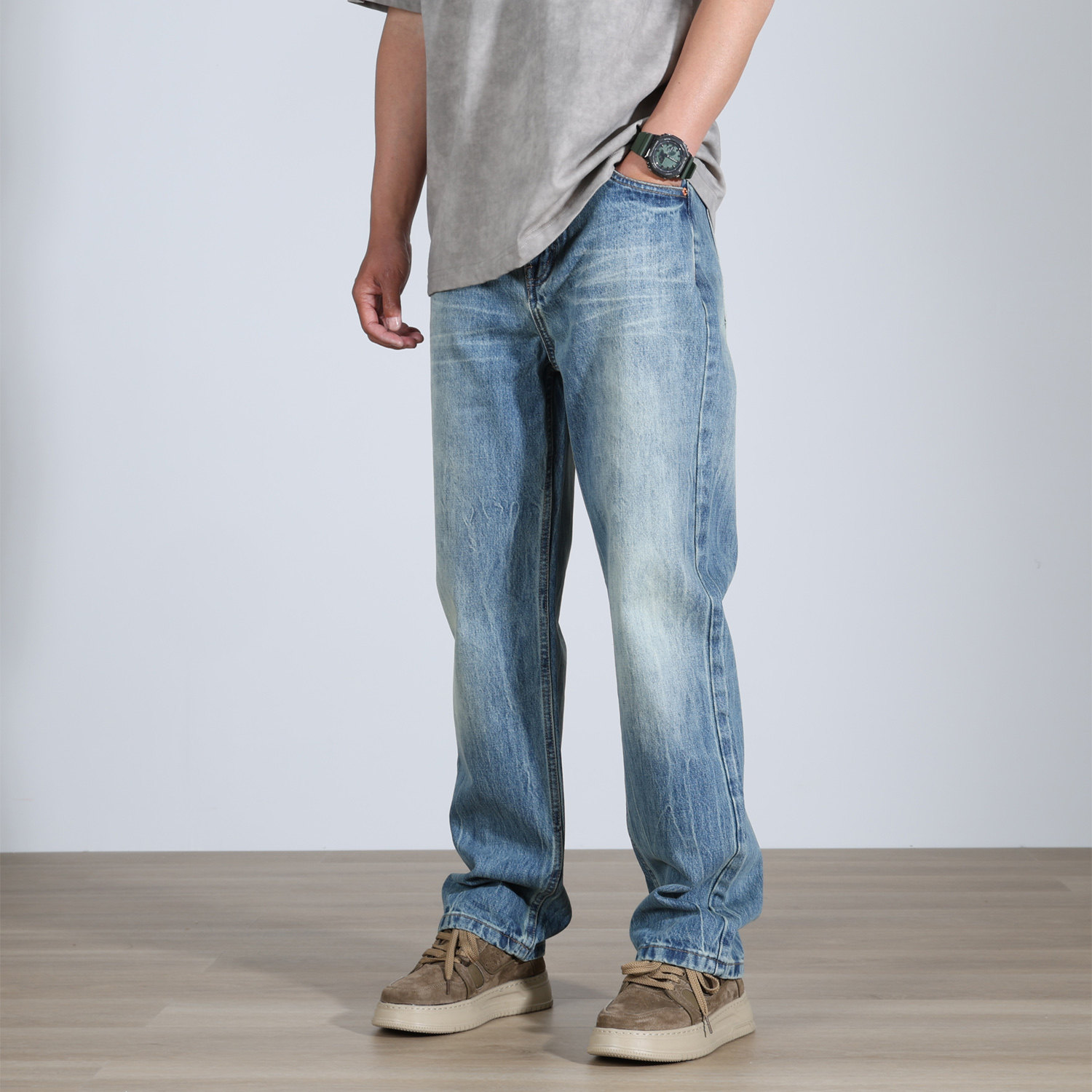 2026新款春秋美式街头无弹牛仔裤男潮牌重工水洗浅蓝色宽松直筒裤