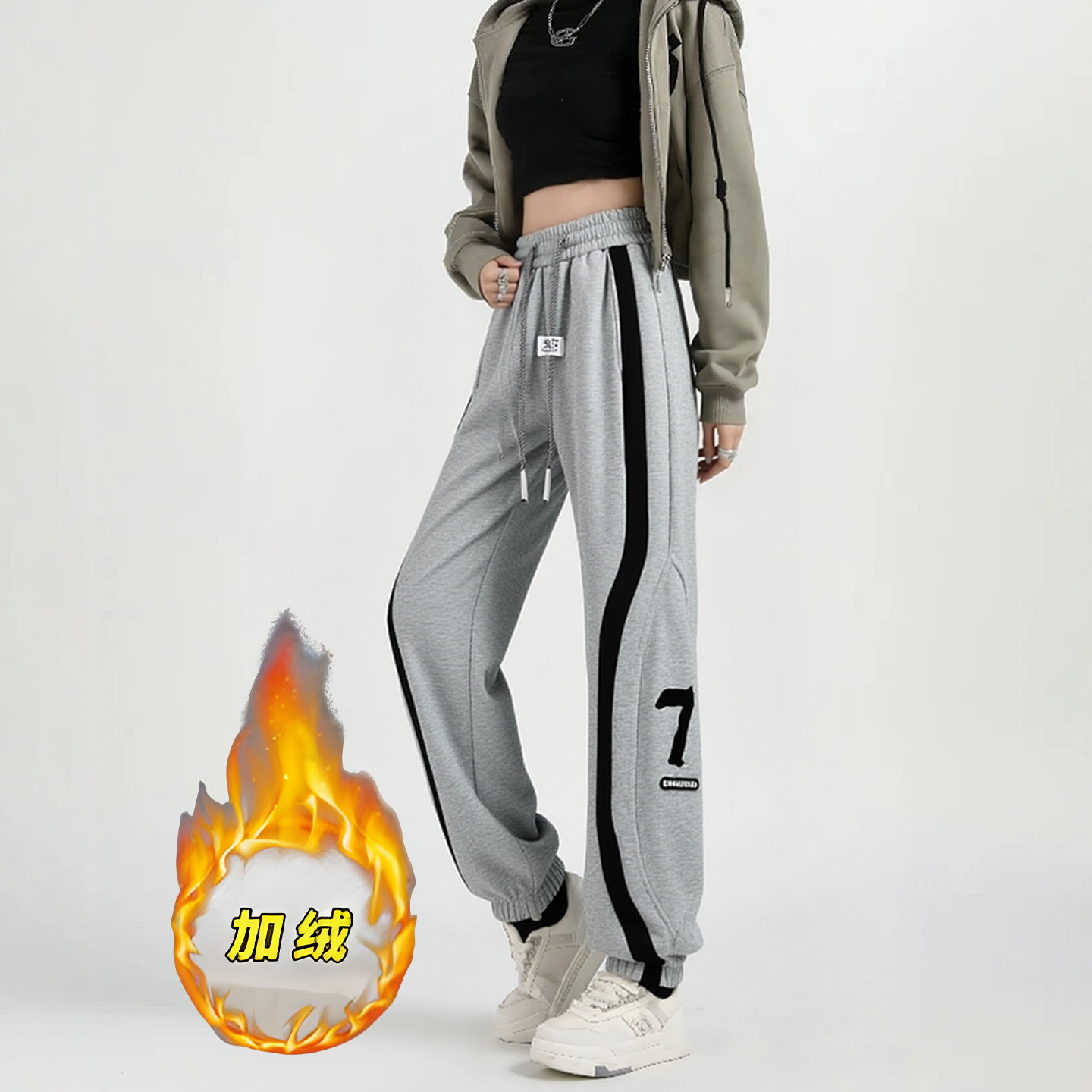 加绒卫裤女秋冬宽松显瘦束脚裤休闲运动裤小个子美式高街哈伦裤子