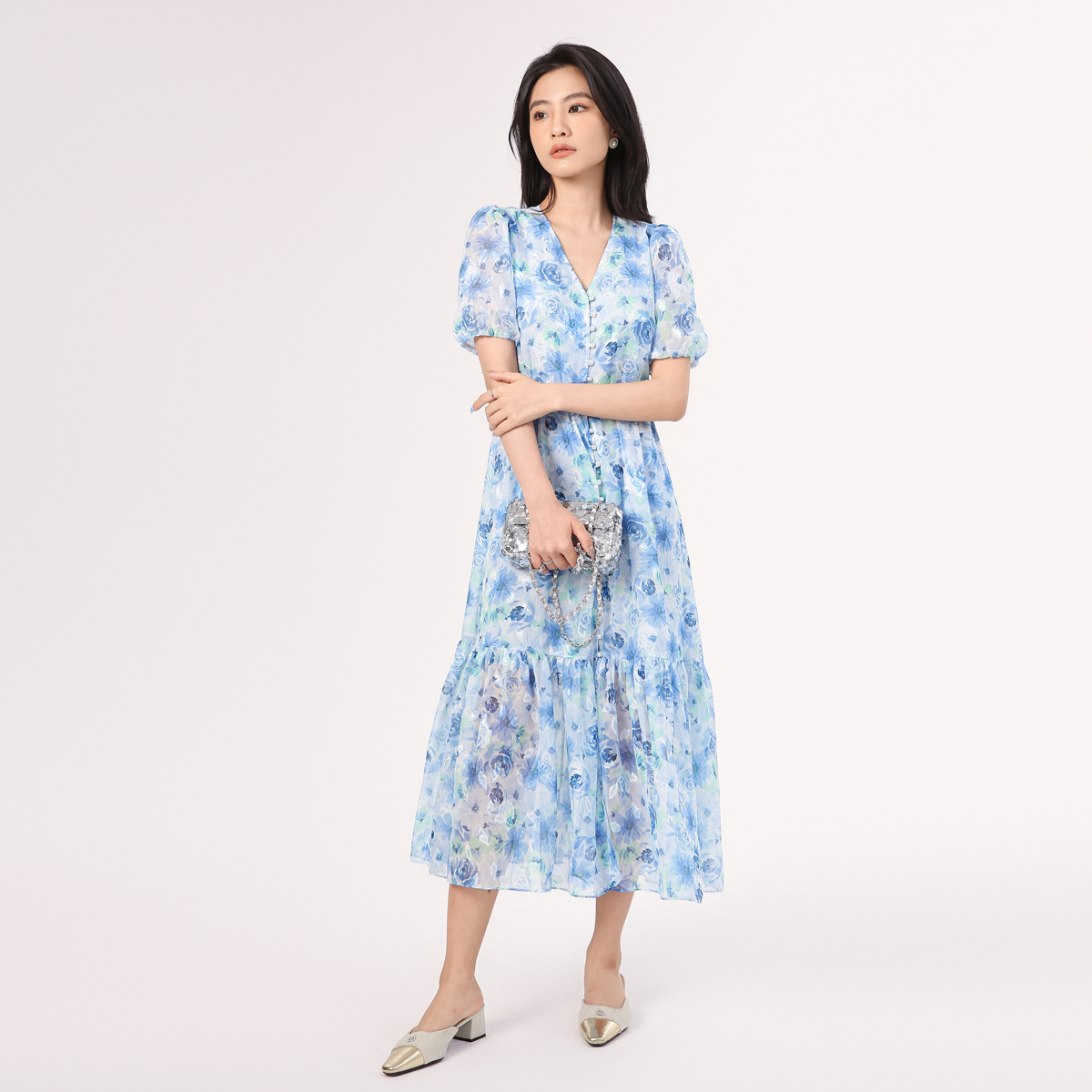 【爆款推荐】珂家专柜同款2025夏季新款茶歇印花V领连衣裙女长款