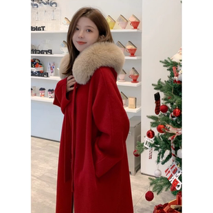 2025秋冬新款红色毛呢外套仿狐狸毛领连帽中长款小个子双面呢大衣