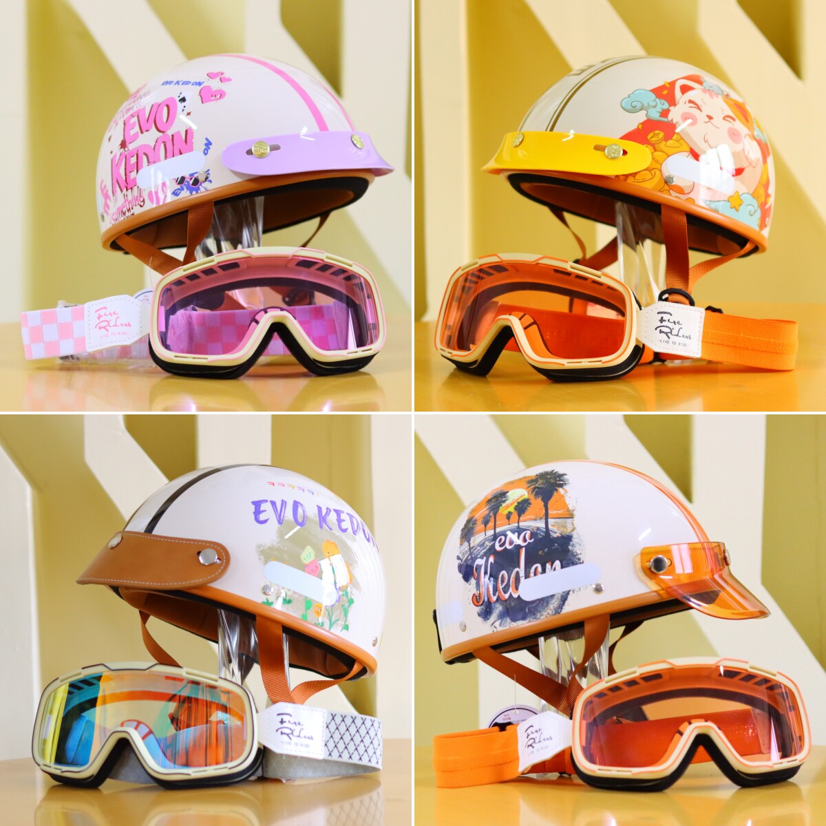 EVO复古半盔卡通版画摩托踏板电动车男女通勤涂鸦头盔轻便夏3C粉