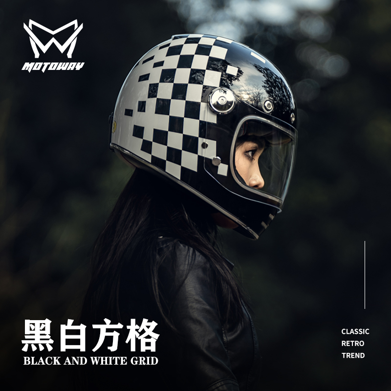 Motoway复古头盔碳纤维摩托车全盔哈雷踏板男女巡航黑白格小盔体
