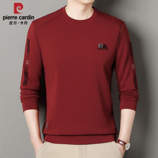 皮尔卡丹男士长袖t恤加绒红色本命年卫衣秋冬装上衣保暖打底小衫T