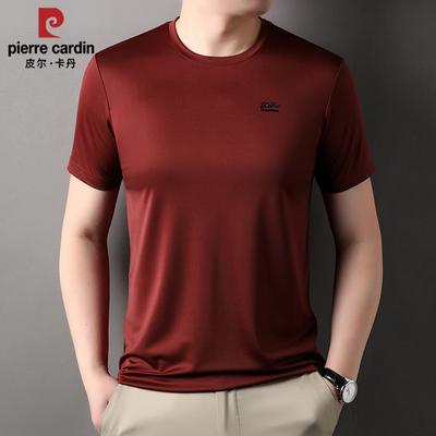 皮尔卡丹正品男士冰丝含桑蚕丝短袖t恤夏季红色本命年半袖体恤衫T