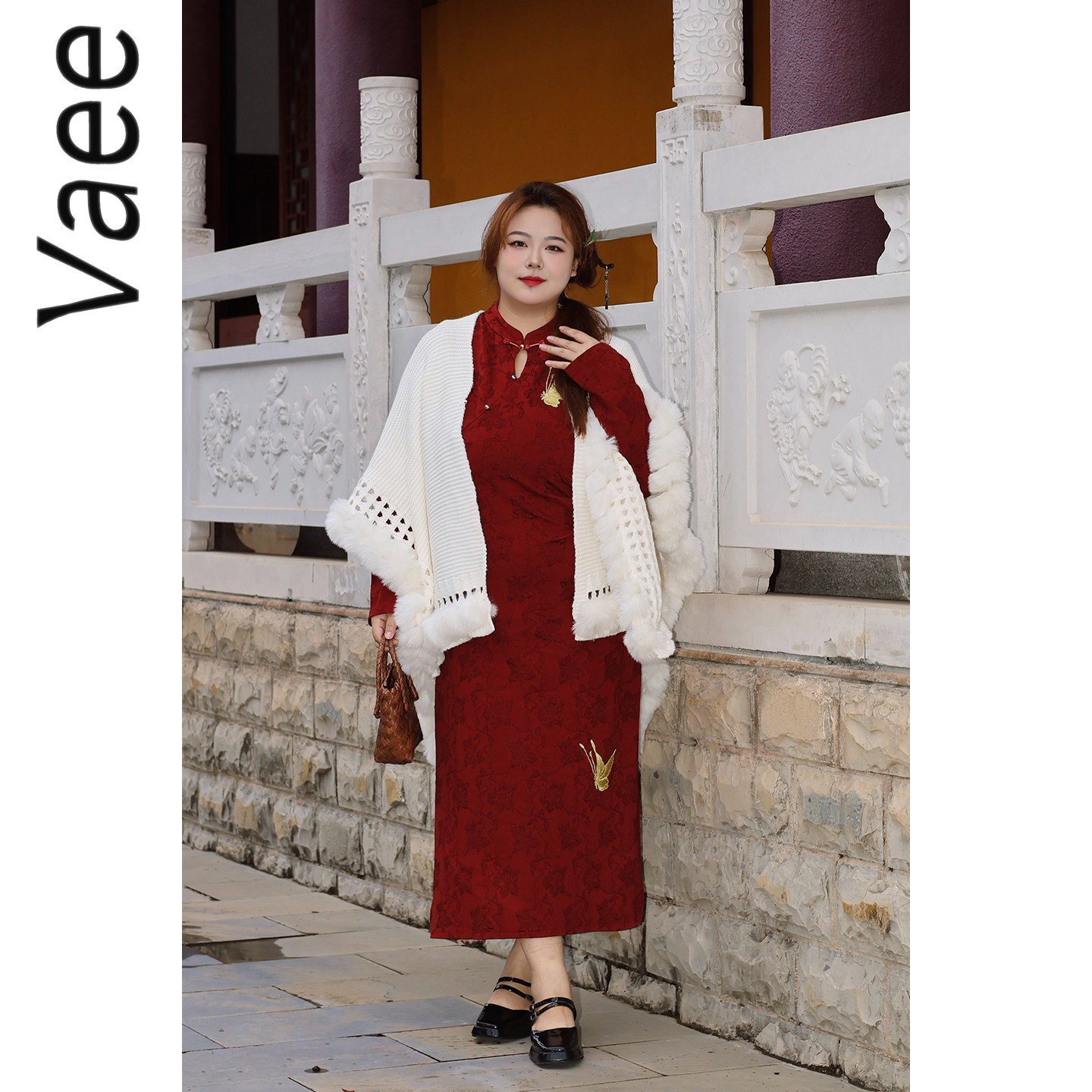 Vaee大码女装订婚礼服改良版旗袍裙秋冬气质收腰显瘦侧开叉连衣裙