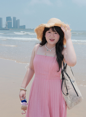 Vaee大码女装海边度假风收腰显瘦长裙气质性感绑带露背吊带连衣裙