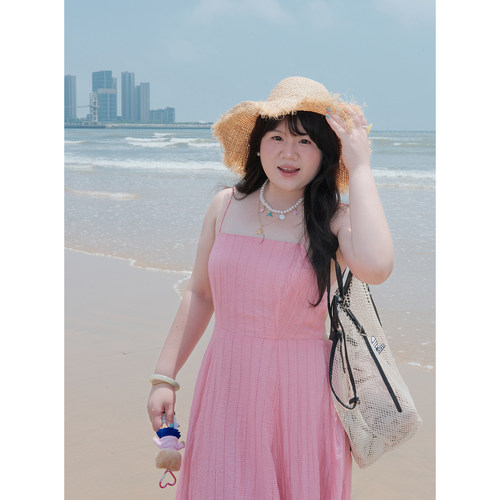 Vaee大码女装海边度假风收腰显瘦长裙气质性感绑带露背吊带连衣裙