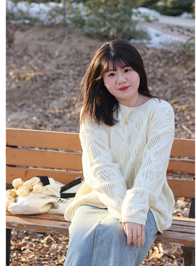 Vaee大码女装菱格镂空针织衫春季新款设计感胖mm气质慵懒风上衣