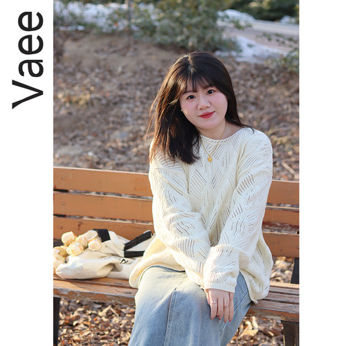 Vaee大码女装菱格镂空针织衫春季新款设计感胖mm气质慵懒风上衣