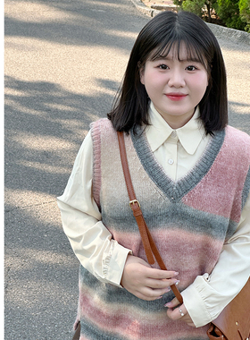 Vaee大码女装针织背心外搭2024秋季新款胖mm宽松显瘦百搭V领马甲