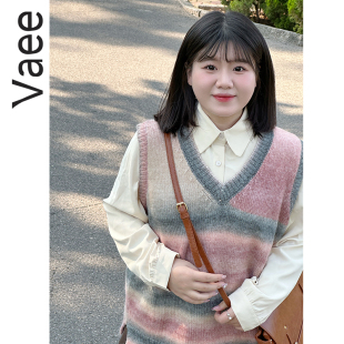新款 针织背心外搭2024秋季 胖mm宽松显瘦百搭V领马甲 女装 Vaee大码