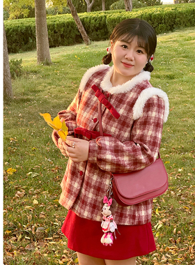 Vaee大码女装毛呢两件套秋冬气质半身裙圣诞红色格子羽绒服外套