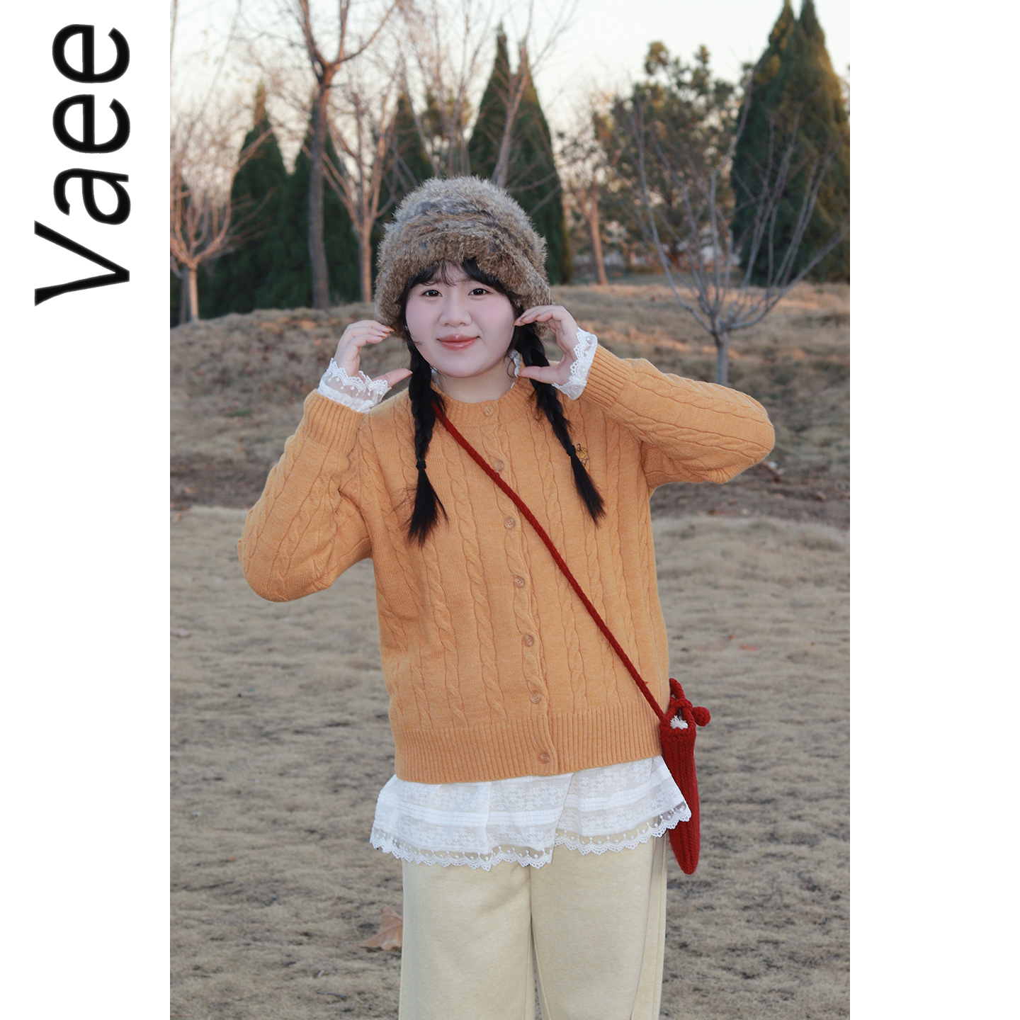 Vaee大码女装麻花纹圆领针织开衫外套冬季新款气质宽松百搭毛衣