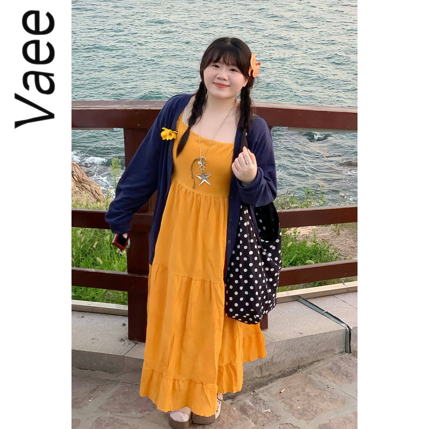 Vaee大码女装法式气质方领泡泡袖收腰长裙早秋新款度假风连衣裙