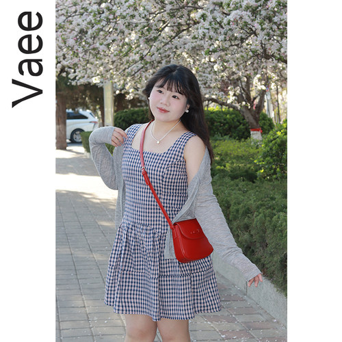 Vaee大码女装休闲两件套灰色长袖防晒开衫法式宽松格子背心连衣裙