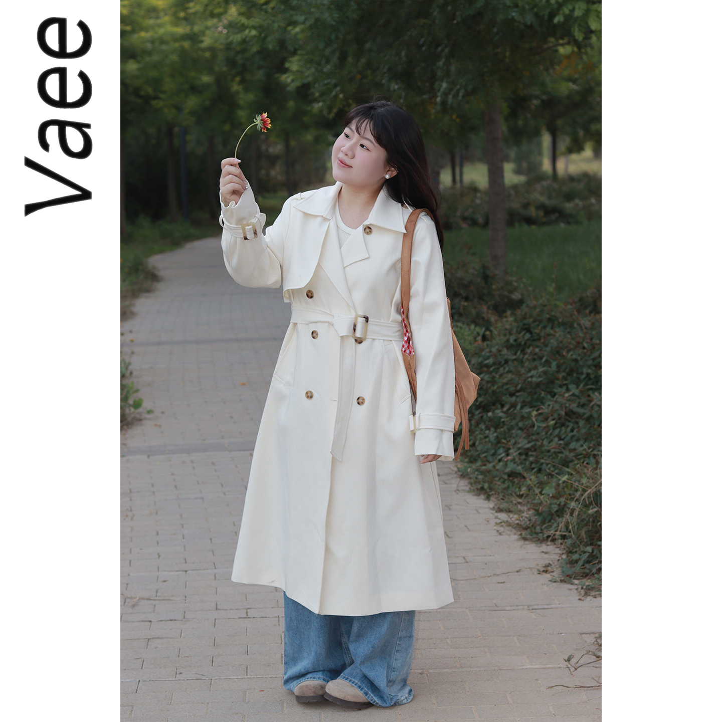 Vaee大码女装英伦风西装领长款收腰外套秋季新款气质通勤百搭风衣