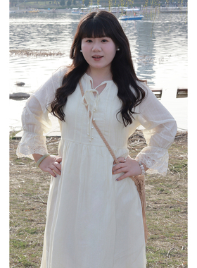 Vaee大码女装法式田园风两件套气质马甲背心喇叭长袖宽松连衣裙