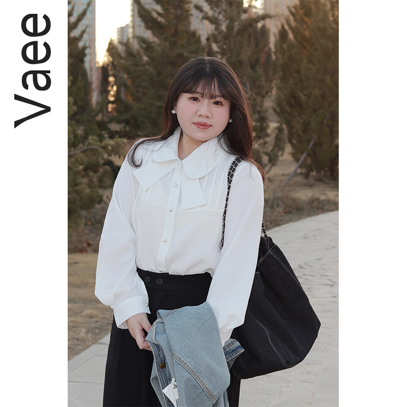 Vaee大码女设计感蝴蝶结翻领长袖衬衫胖mm气质叠穿宽松内搭上衣