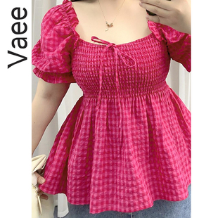 女装 新款 Vaee大码 上衣夏季 显白玫红格子蝴蝶结花边方领泡泡袖 衬衫