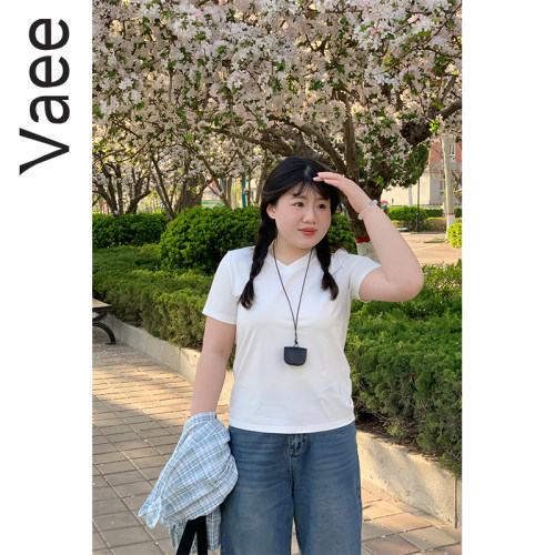 Vaee大码女装桃心领正肩短袖T恤胖mm宽松显瘦休闲百搭软糯上衣