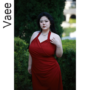 Vaee大码女装内搭吊带裙胖mm200斤敬酒礼服挂脖收腰褶皱显瘦裙子