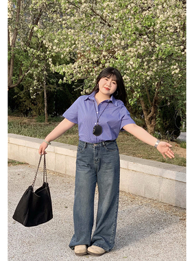 Vaee大码女装蓝色格子短袖衬衫夏季新款胖mm宽松显瘦百搭气质上衣