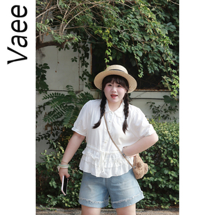 Vaee大码女装设计感衬衫夏季胖mm气质名媛风木耳边收腰短袖上衣女