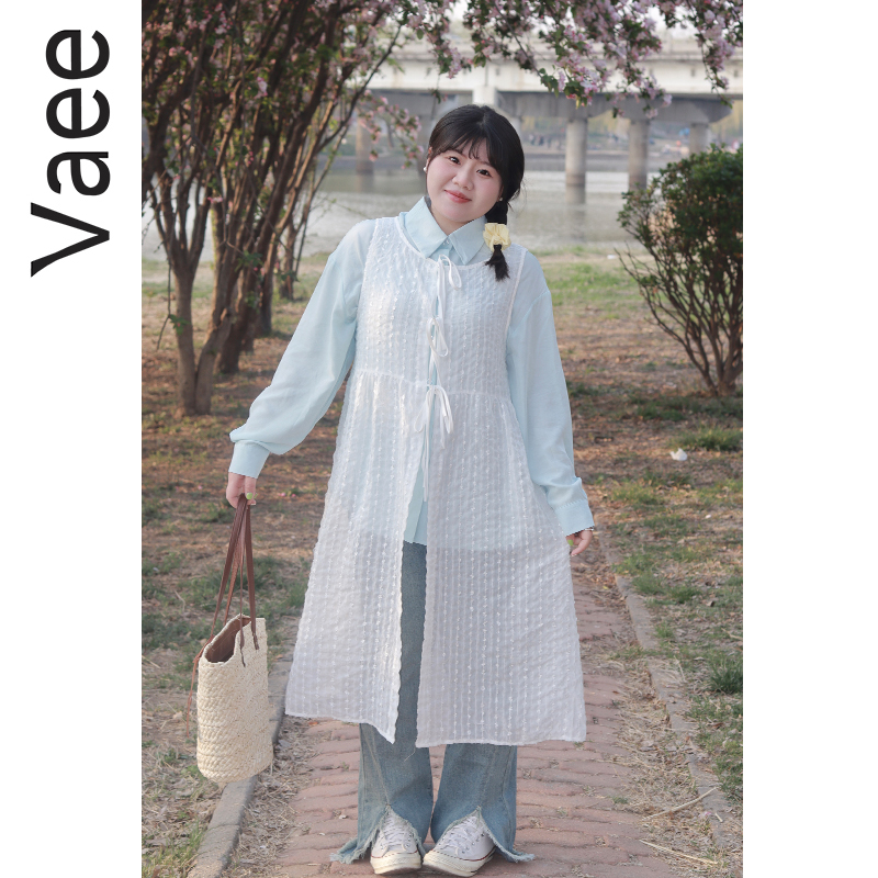 Vaee大码女装夏季新款前后两穿背心裙气质叠穿白色透视蕾丝连衣裙