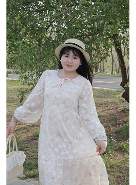 Vaee大码女装雪纺碎花连衣裙胖mm气质圆领长袖长裙法式度假风长裙