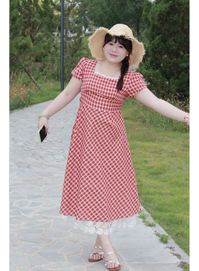 Vaee大码女装法式方领气质方领收腰长裙子蕾丝拼接红色格纹连衣裙