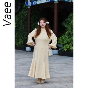 Vaee大码女装新中式改良旗袍裙加绒鱼尾长裙银狐绒提花修身连衣裙