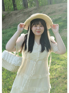 Vaee大码女装连衣裙2023夏季新款胖MM法式高级感收腰显瘦蛋糕裙子