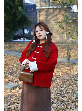 Vaee大码女装新中式新年红色订婚双面呢大衣冬季宽松百搭羊毛外套