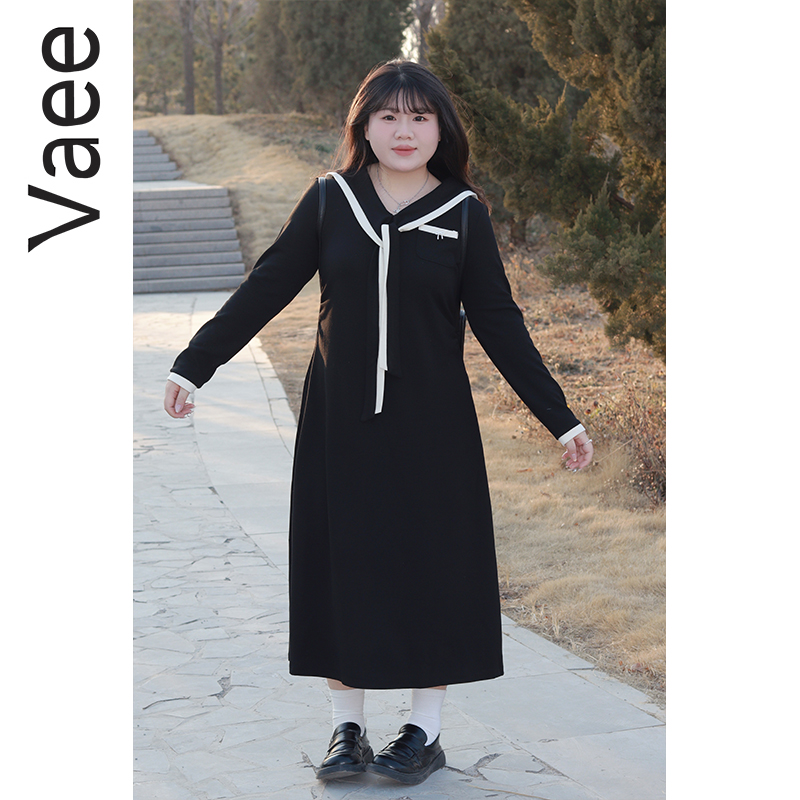 Vaee大码女装海军领长袖连衣裙春季法式经典撞色学院风过膝长裙子