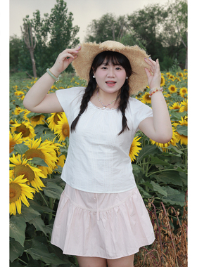 Vaee大码女装气质泡泡袖压褶蕾丝花边短袖衬衫胖mm宽松显瘦上衣