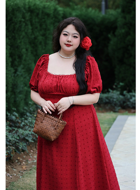 Vaee大码女装复古方领连衣裙夏季胖mm红色订婚礼服长裙气质收腰裙