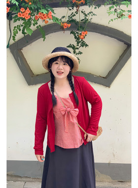 Vaee大码女气质两件套胖mm装蝴蝶结抹胸格子吊带背心长袖开衫外套