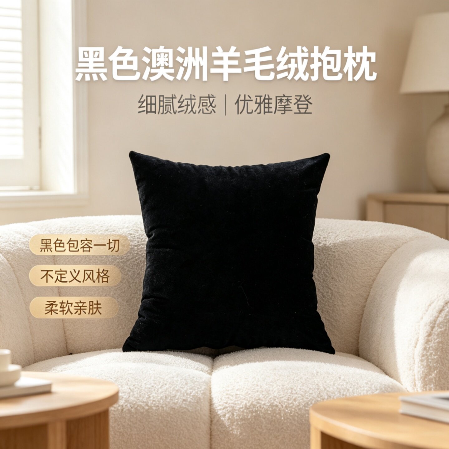 高级感黑色绒布短绒发抱枕抱枕套靠垫/抱枕